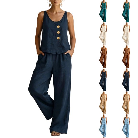 Sleeveless Button Front Linen Set for Women, Scoop Neck Tank & Wide Leg Pants Two Piece Outfit - Loose Fit Summer Vacation Ensemble Blue L