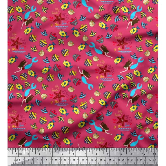 Soimoi Rayon Fabric Fish,Mermaid & Starfish Ocean Print Fabric by Yard 42 Inch Wide