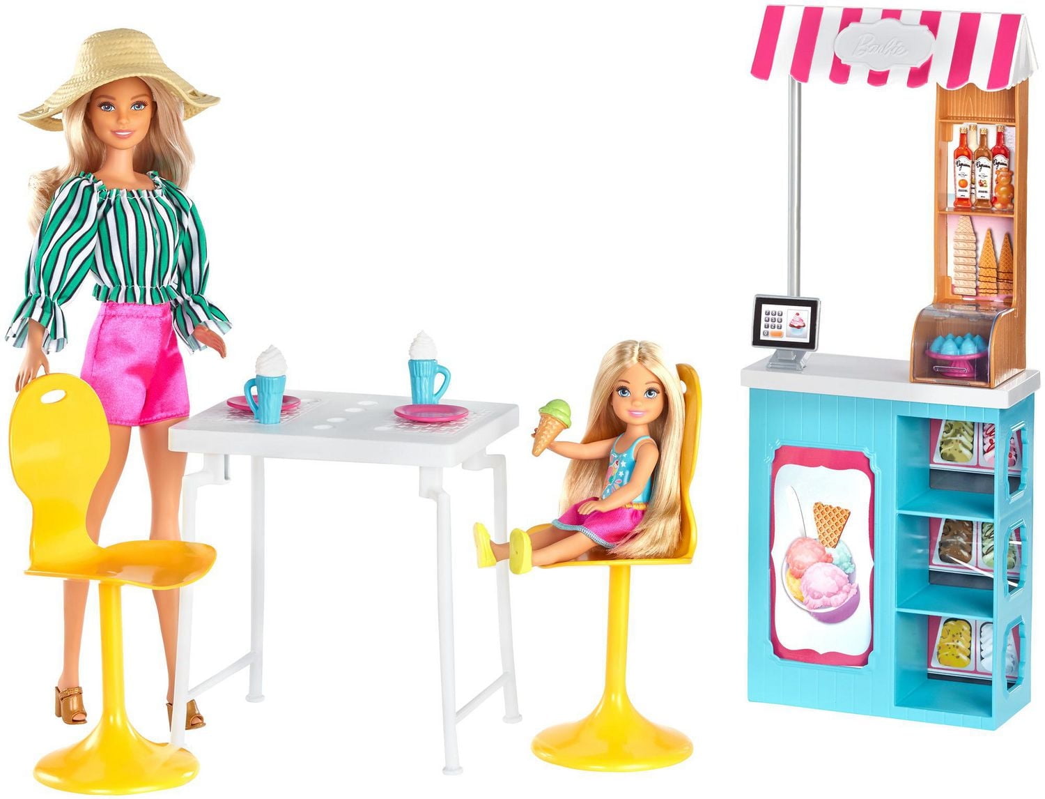 ​Barbie Ice Cream Cafe Playset with Barbie Doll and Chelsea Doll, Store Frame, Table, 2 Chairs and Food Accessories for Kids 3 to 7 Years Old