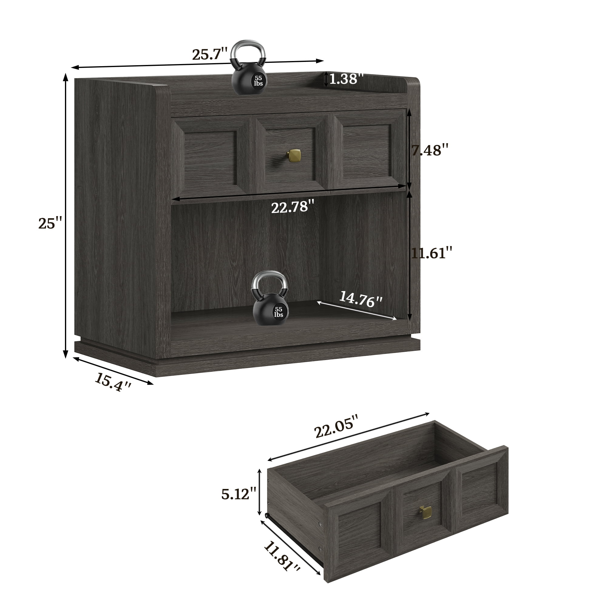 SICOTAS 26" W Farmhouse Nightstands Set of 2, Big nightstands with Drawer & Open Shelves, Large Bedside Table, End table for Bedroom, Living Room, Dark Grey