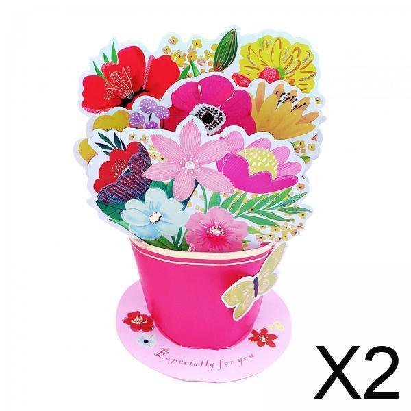 2 tarjetas de regalo para el día de la madre, ramo de flores, tarjeta emergente para celebraciones de mamá y padre a par de tarjetas pop-up 3D con ramo de flores multicolor en maceta rosa, vista frontal centrada, capas recortadas de papel texturizado, base con texto 'Especially for you', dimensiones 13 x 17.5 cm, aptas para felicitaciones, cumpleaños y agradecimientos.