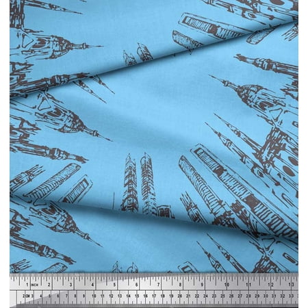 Soimoi Blue Cotton Voile Fabric Text & Monuments Architectural Print Fabric by the Yard 42 Inch Wide