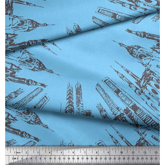 Soimoi Blue Cotton Voile Fabric Text & Monuments Architectural Print Fabric by the Yard 42 Inch Wide
