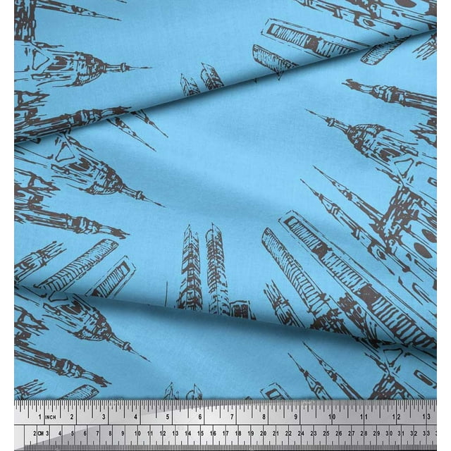 Soimoi Tissu Viscose Georgette Bleu Texte & Monuments Imprimé Architectural 1 Yard 42 Pouces de Large