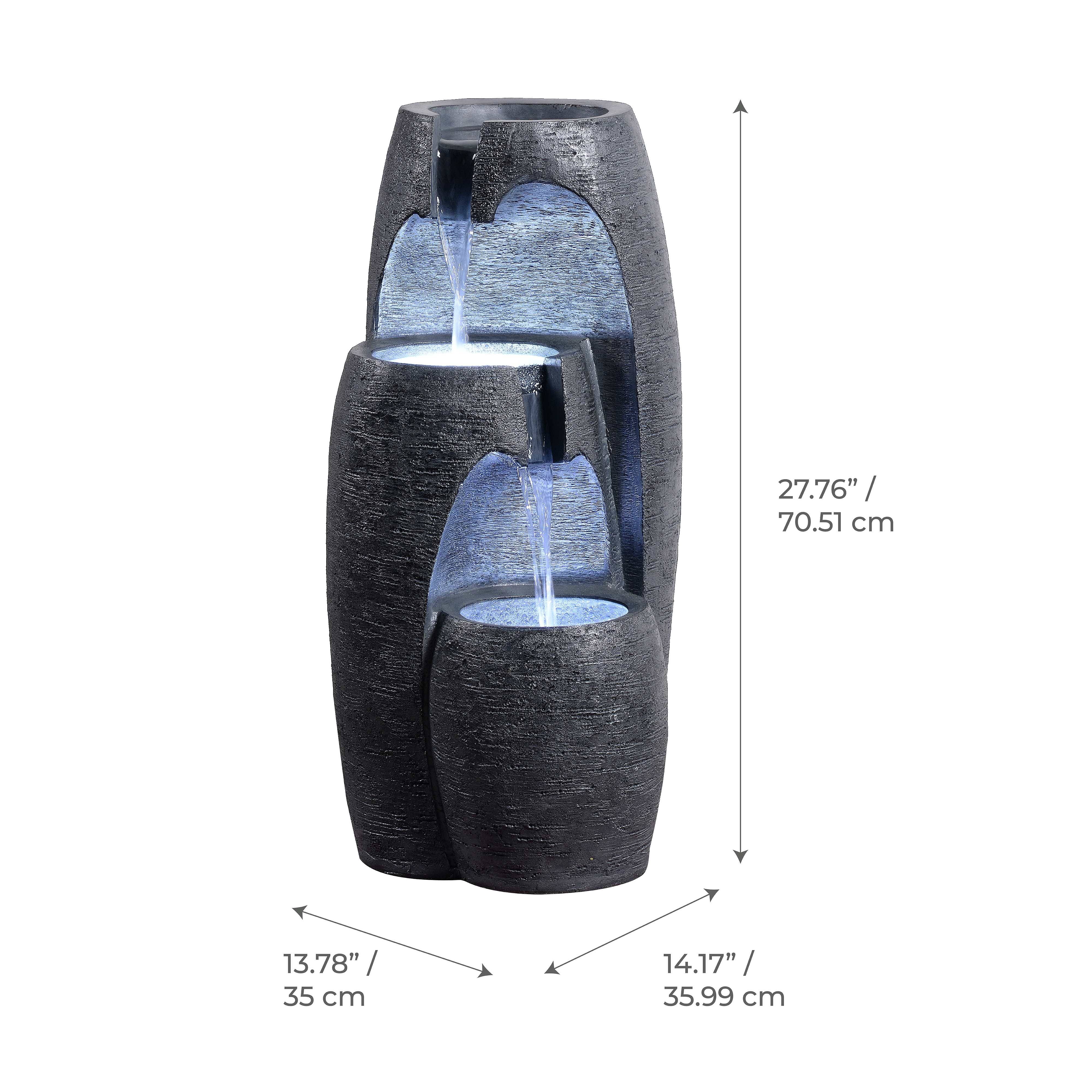 Teamson Home 3-Tier Cascading Urn Outdoor Water Fountain, Cool Glow Lighting with Adjustable Flow & Electric Pump, Black