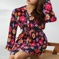 thumbnail image 4 of Robe Courte Plissée pour Femme à Imprimé Floral, Décolleté en V Profond, Robe d'Été à Manches Longues, Cordon de Serrage, Robe Chemise à Nouer, Tenue de Boîte de Nuit, Noir Floral, S, 4 of 7