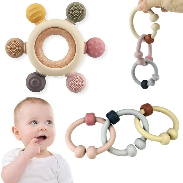 Baby Teething Toys, Silicone Chewable Rings with Organic Wooden, Silicone Teether Links, 2 Pack