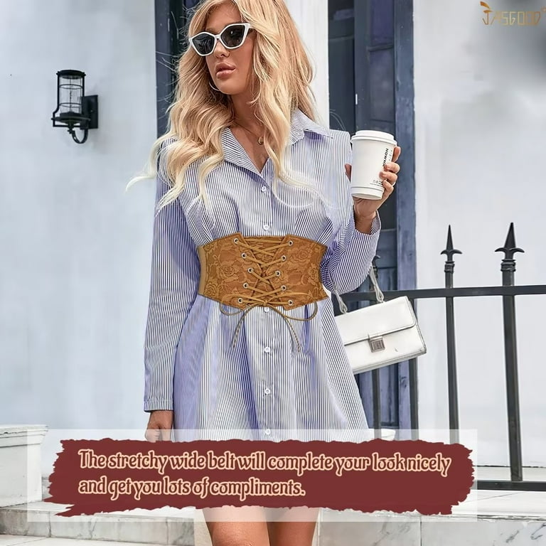 JASGOOD Women Elastic Wide Belt Lace-up Tied Waspie Brown Corset Belts for  Dress - Walmart.com