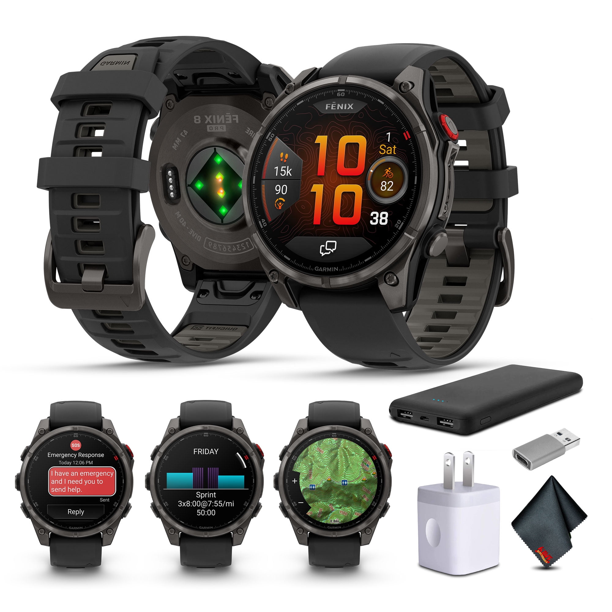 Garmin fenix 8 Pro 47mm, inReach Technology, Premium Connected Multisport GPS Smartwatch, AMOLED Display, Sapphire, Carbon Gray DLC Titanium with Black/Pebble Gray Silicone Band Bundle