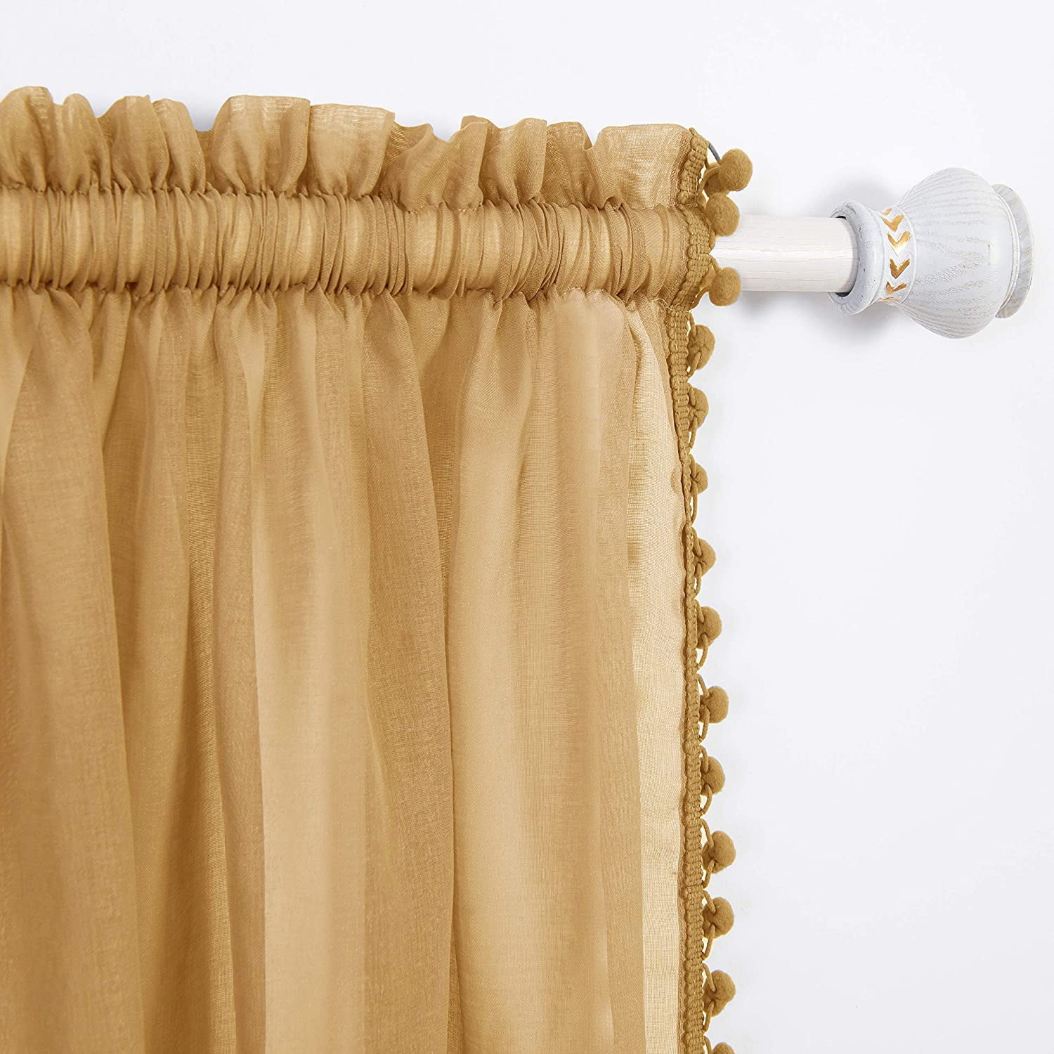 Elegant Comfort 2 Piece Pom Pom Curtains Polyester Gold Solid 1500 Thread Count