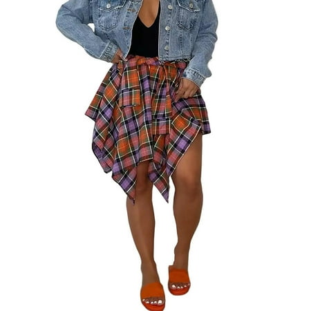 

Pianpianzi Skirt Petite Mesh Midi Skirt Maternity Skirt for Photography Womens Casual Plaid Belt Skirt Splice Skirt Irregular Hem Split Elastic Waist Skirt