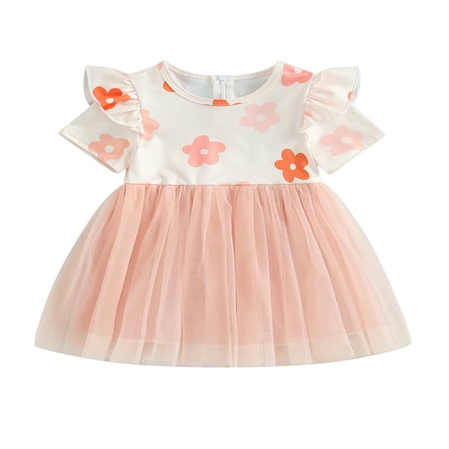 AMERTEER Bébé Filles Tulle Robe Manches Courtes Col Rond Imprimé Floral Robe d'Été Enfants Princesse Robe