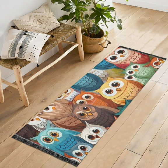 Runner Rug 2'x6' Hallway Area Rugs Owl Cute Vintage Non Slip Entryway Runner Carpet with Tassels Living Room Bedroom
