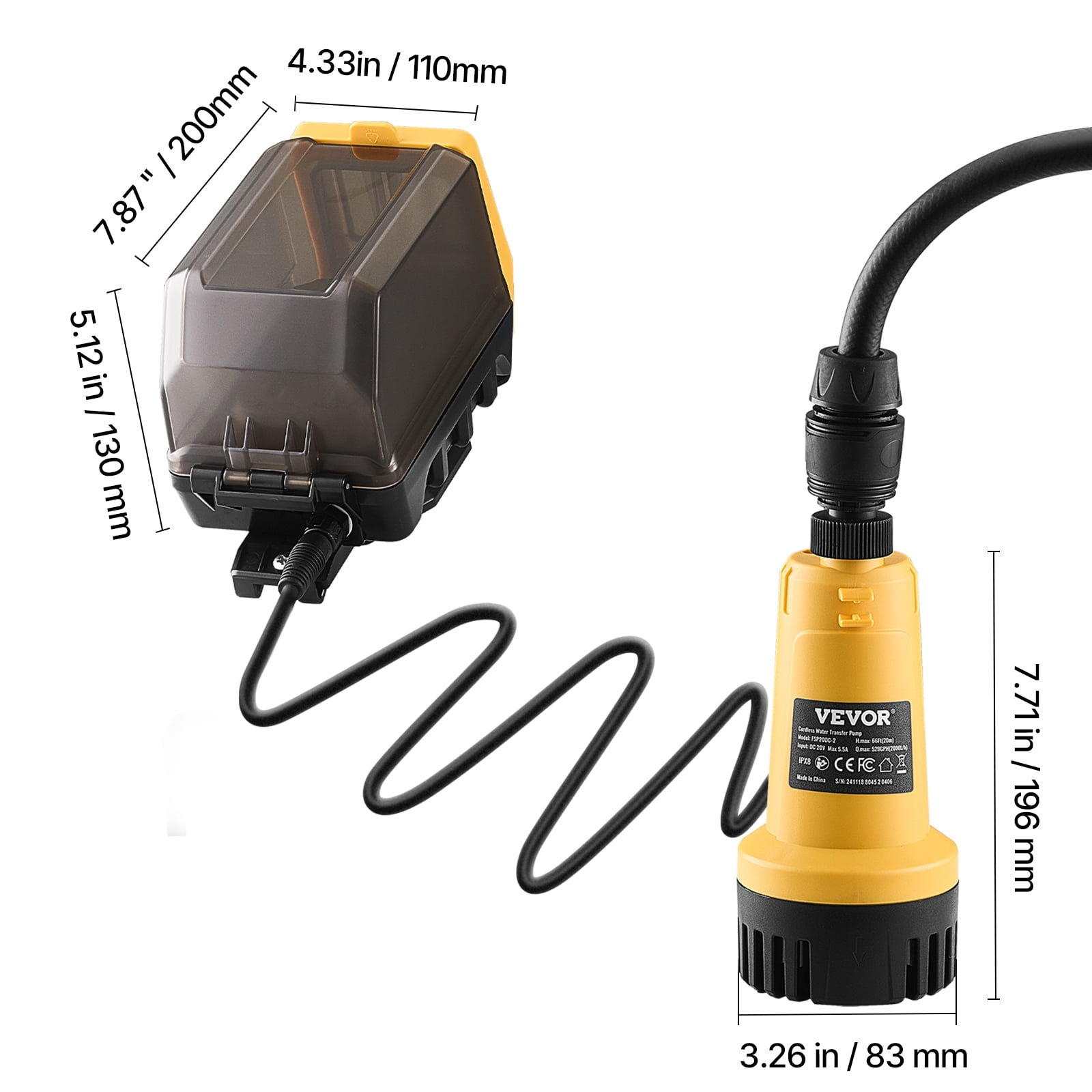 VEVOR Cordless Submersible Water Transfer Pump, 528GPH, Portable Sump Pump with G3/4" Garden Hose, Compatible with Dewalt 20V MAX Battery (No Battery), Electric Utility Pump for Pool, Garden, Pond
