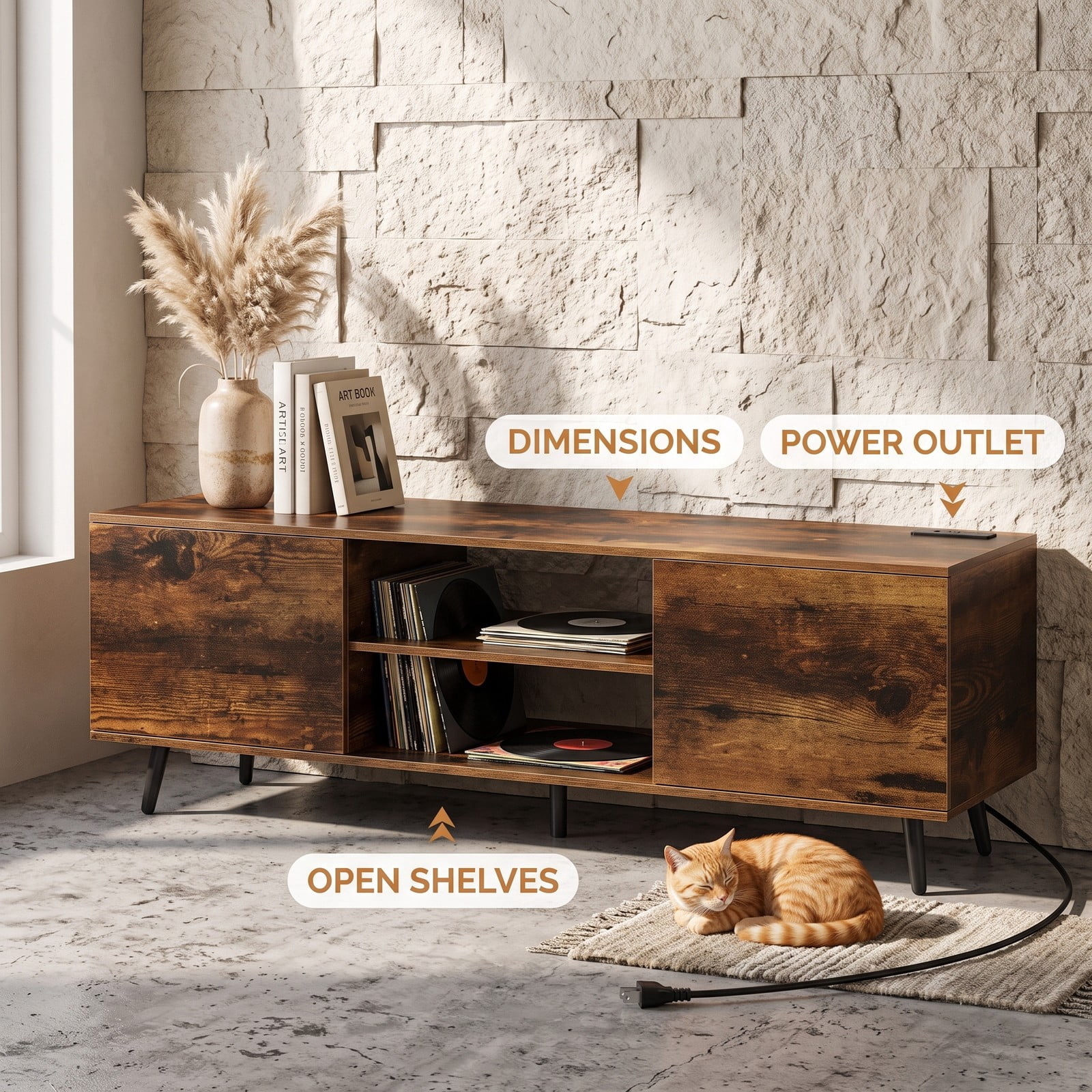 Furnibear TV Stand for 60 Inch TVs with 2 AC Power Outlets, USB-A & USB-C Charging Ports, 3-Position Adjustable Shelf, Media Console Entertainment Center, Rustic Brown