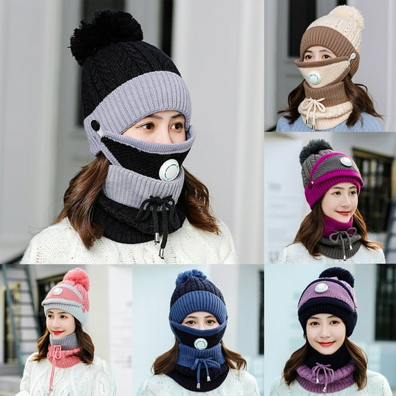 Women Autumn Winter Warm Knitted Beanie Cap Face Cover Neck Scarf Outdoor Set