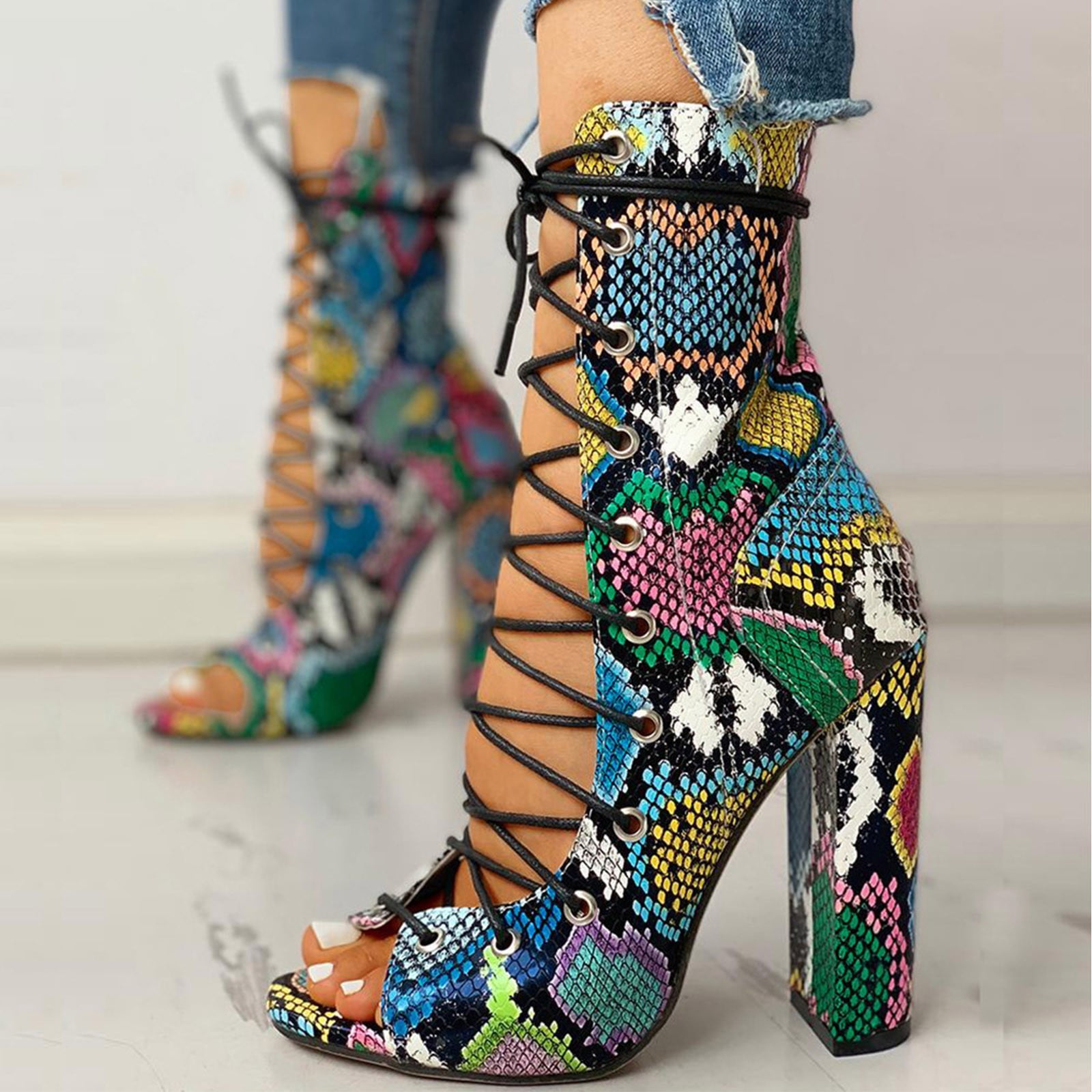 LSLJS Women s Shoes Summer Fashion Non slip Thick High Heels Casual Lace up Pointed Toe Sandals Serpentine