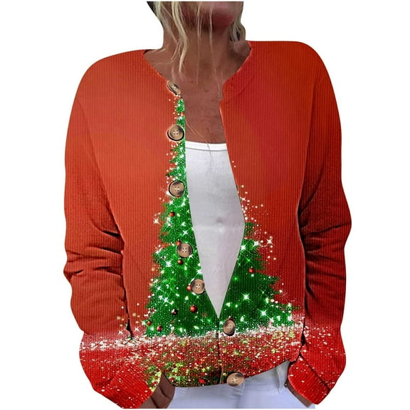 Christmas Sweaters for Women Plus Size Holiday Graphic Button Up Cardigans Winter Warm Cozy Knit Sweater Coats (XXL, Red)