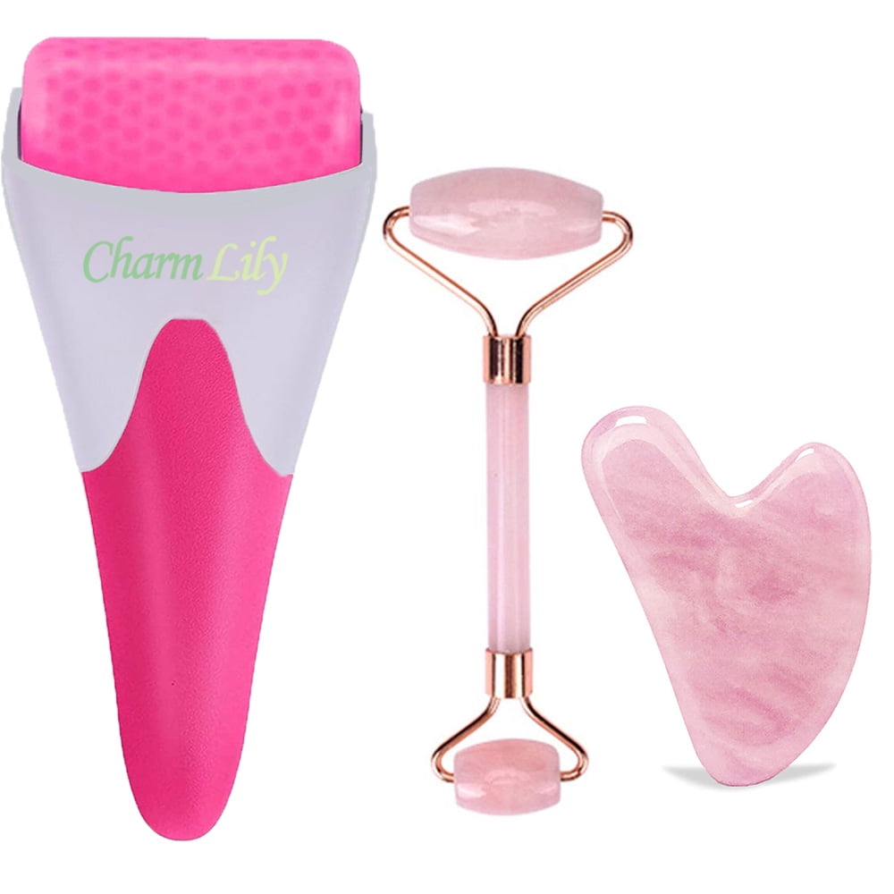 3 in 1 Ice & Rose Quartz Roller + Gua Sha Set by Charmlily - Reduce Puffiness, Wrinkles, Headaches, Pain and Redness