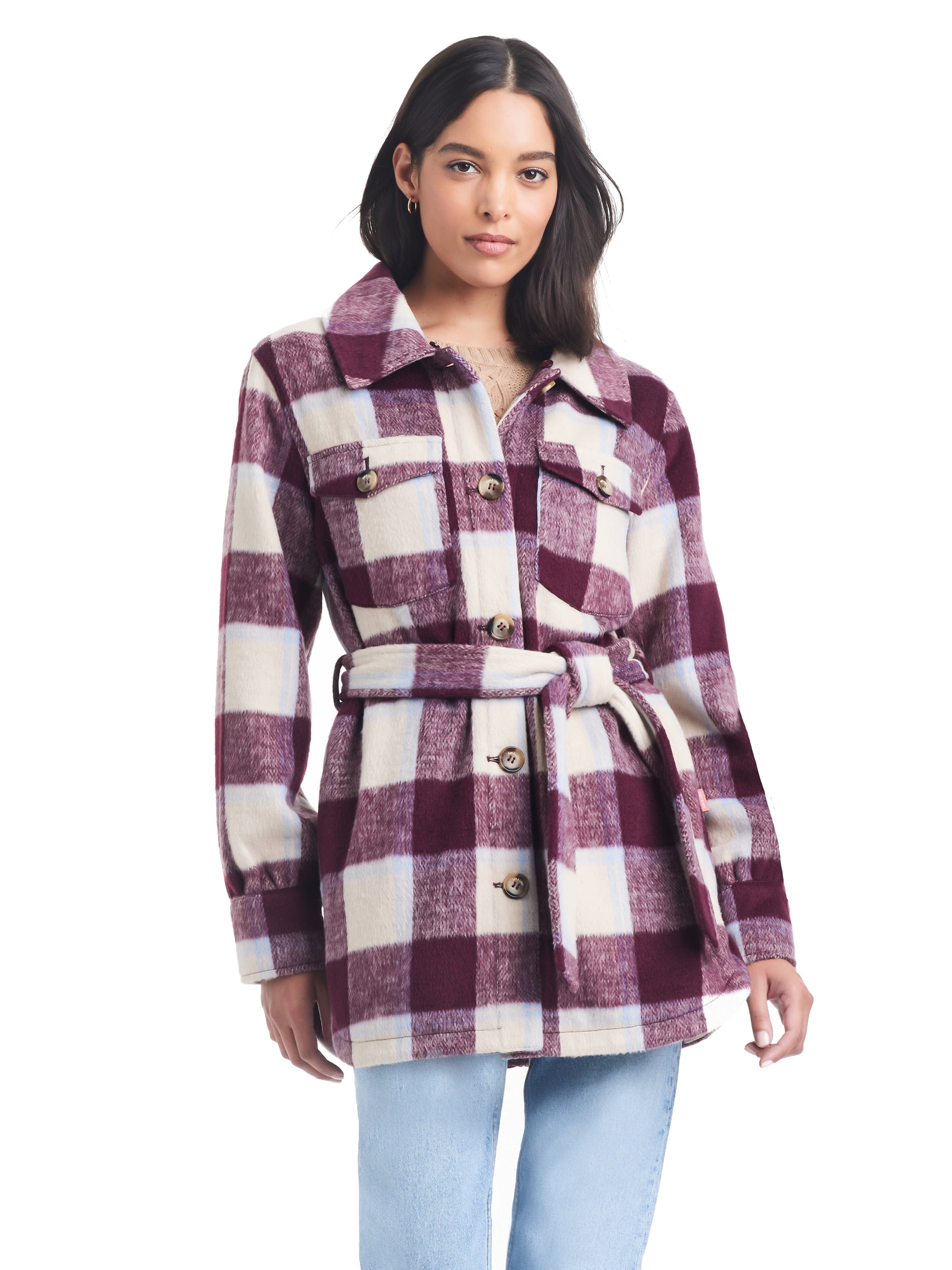 Sam & Libby Ladies Long Sleeve Faux Wool Plaid Shacket