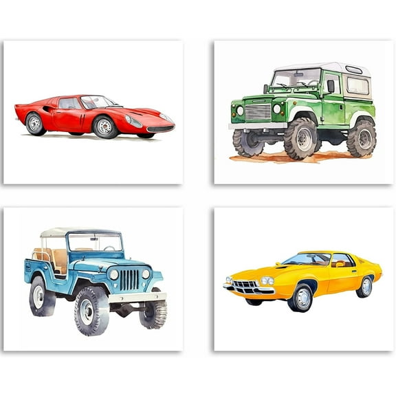Classic Car Wall Art, Vintage Car Canvas Posters, Classic Sports Car Off-Road Vehicle Art Prints for Kids Room Living Room Bedroom Home Decor, Set of 4, (8x10 Inches Unframed)