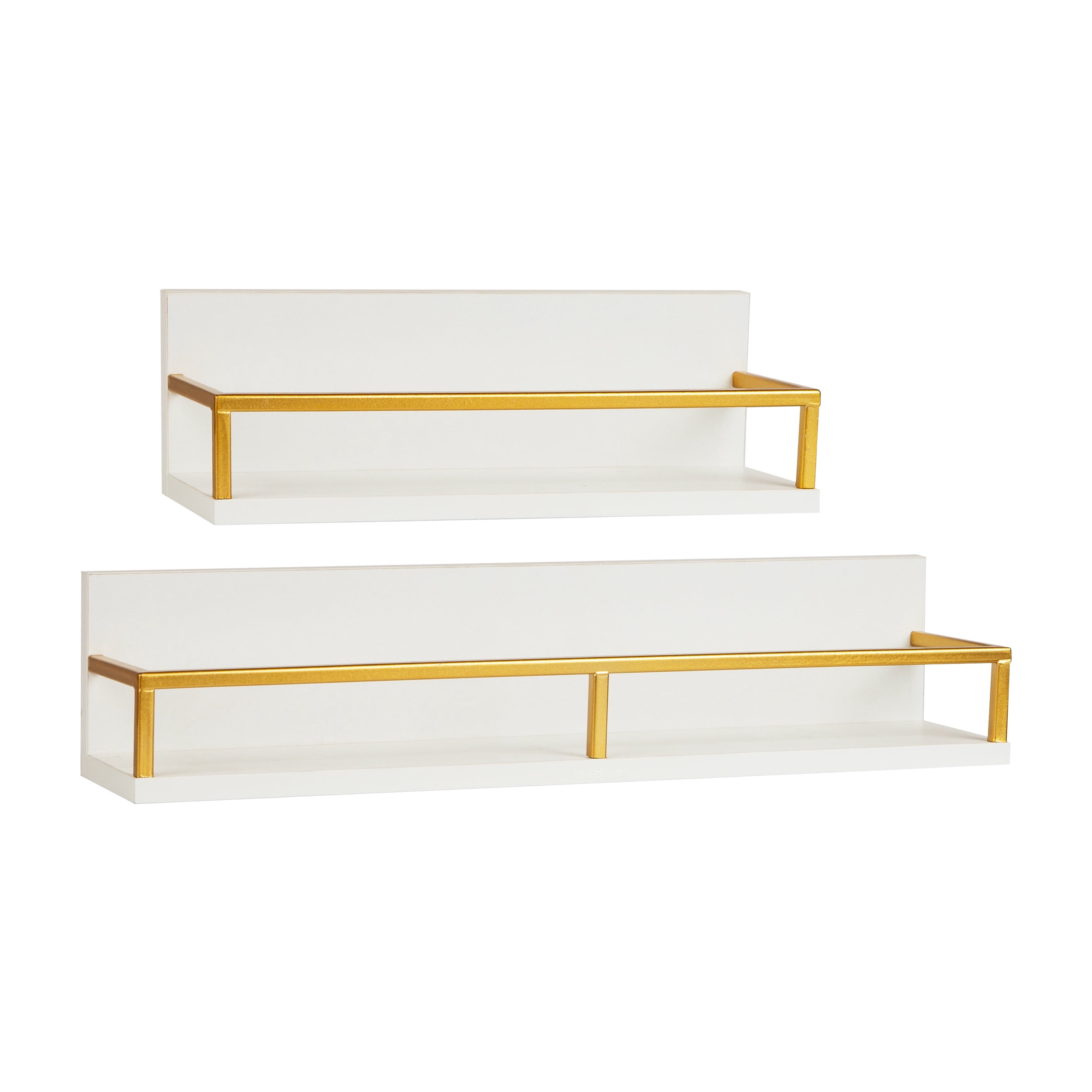 Mind Reader Floating Shelves, Wall-Mounted Office Organizers, Modern MDF Display Storage with Metal Rail, Metal. MDF, Set of 2, White
