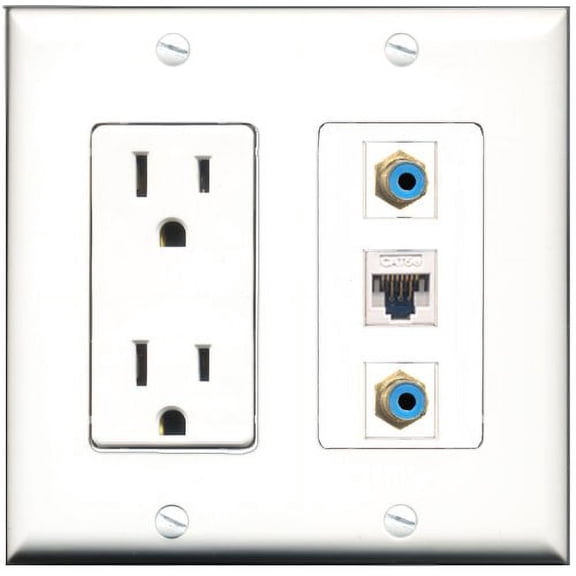 RiteAV - 15 Amp Power Outlet 2 Port RCA Blue 1 Port Cat5e Ethernet White Decorative Wall Plate