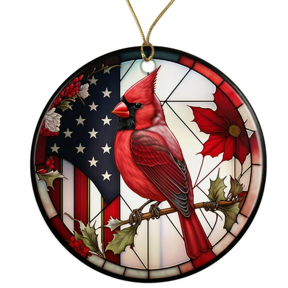 Cardinal Bird American Flag Ceramic Ornament - Patriotic USA Flag American Pride - 3 Inch Christmas Tree Round Ornament - Xmas Holiday Decor - String Included - ORN0008