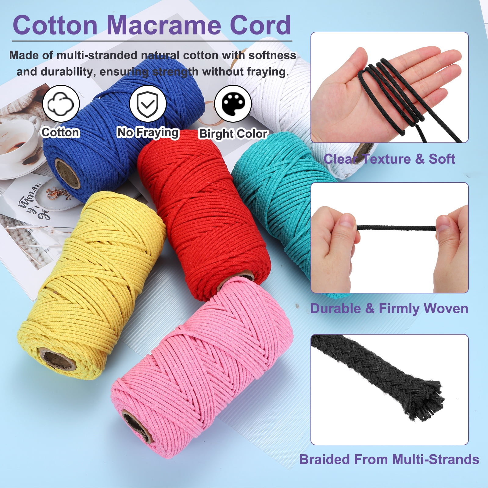 Braided Macrame Cord, 4mm x 109 Yards Natural Cotton Rope Macrame Yarn Bohemia Craft String with Scissors(Black)