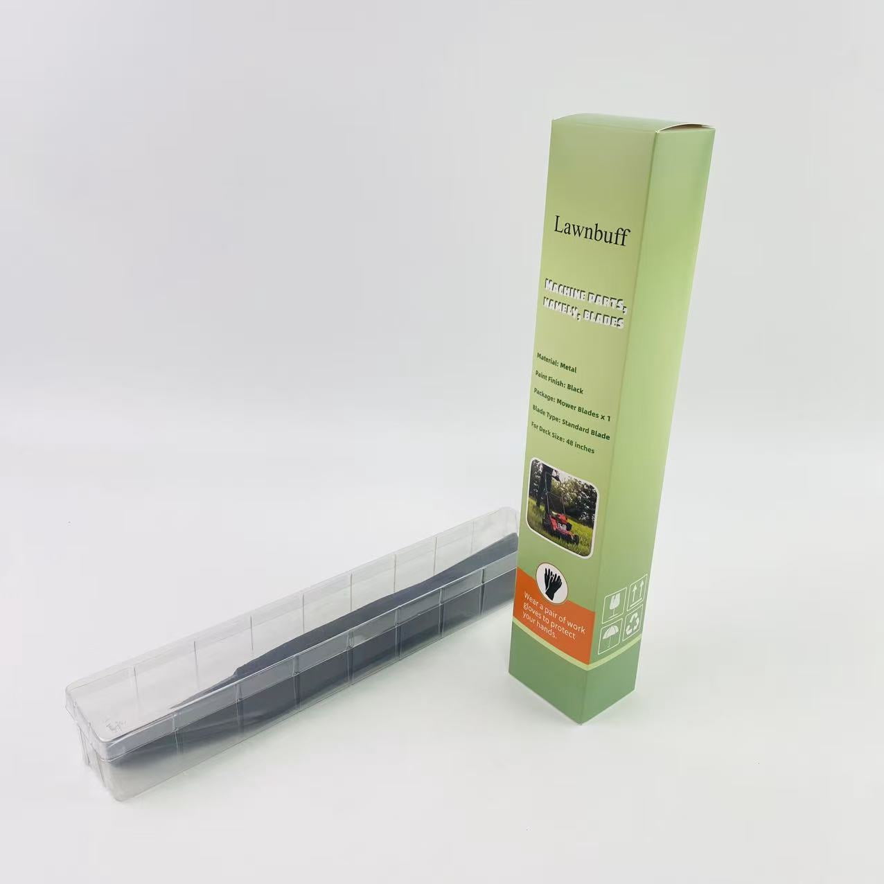 Lawnbuff Machine parts, namely, blades,Deck Lawn Mower Blades