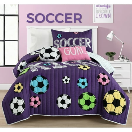 4pc Twin Kids' Girls Soccer Kick Reversible Oversized Quilt Set Purple - Lush Décor
