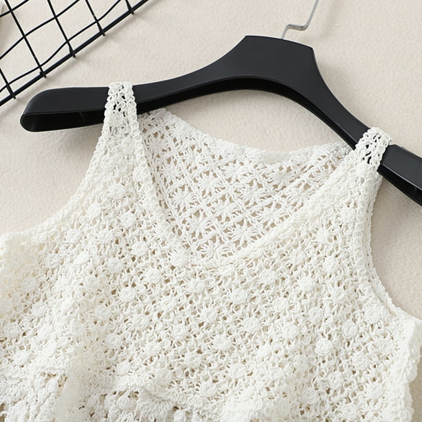 ZPAQI Women Boho Crochet Sleeveless Crop Tank Top V-Neck