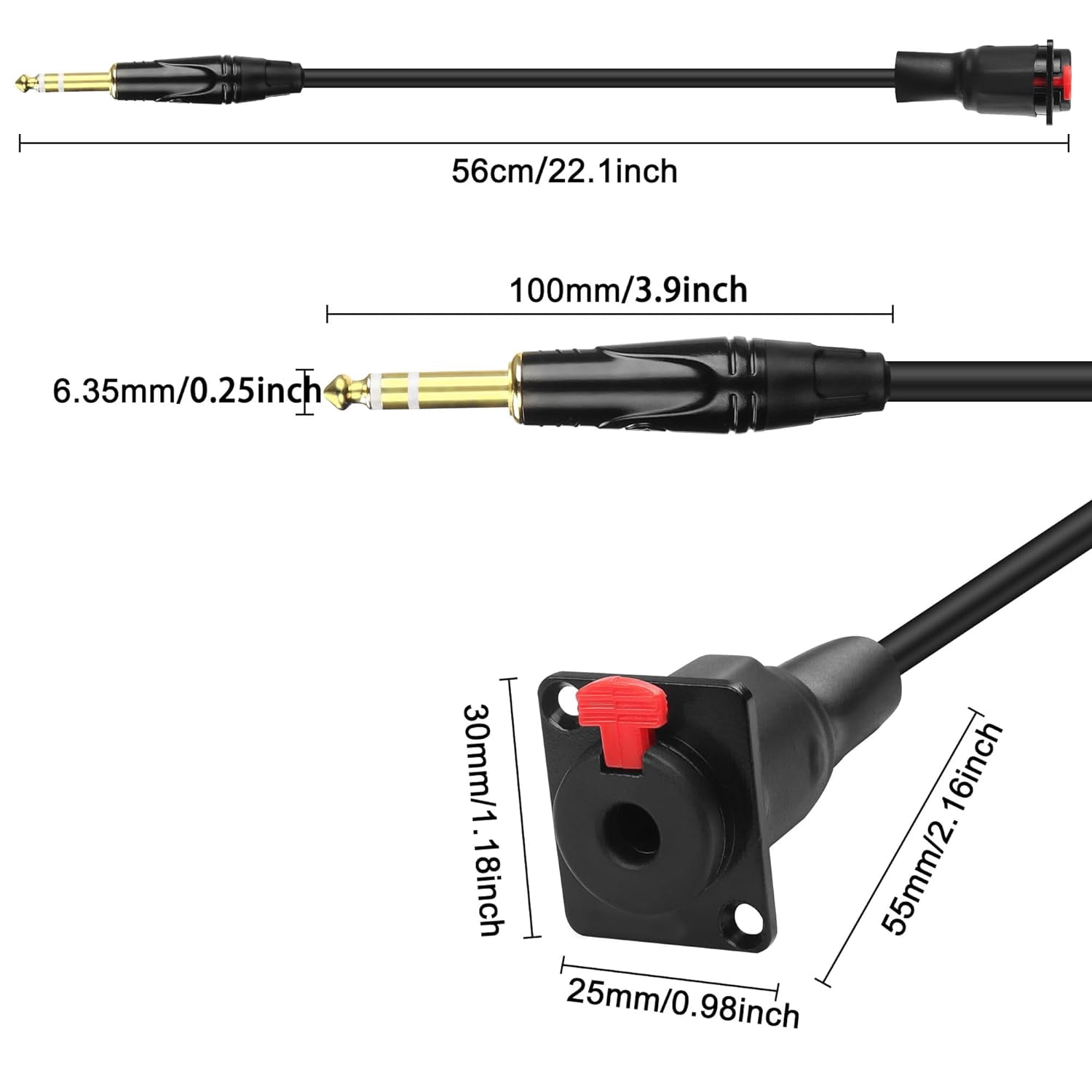 JJEAN-D-Type 6.35mm 1/4"" Female Panel Mount to 6.35mm Male Stereo Connector Cable 6.35mm TRS Female Socket to 6.35mm TRS Male Adapter Cord Speaker Headphone Extension Cable-0.5M/1.6FT, Red