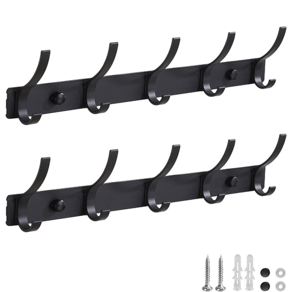 2Pack Coat Rack Wall Mount with 5 Triple Hooks, 16 Inch Heavy Duty Coat Rack to Hang Coats, Hat and Towel, Entryway and Bedroom Wall Hook Rack, Black