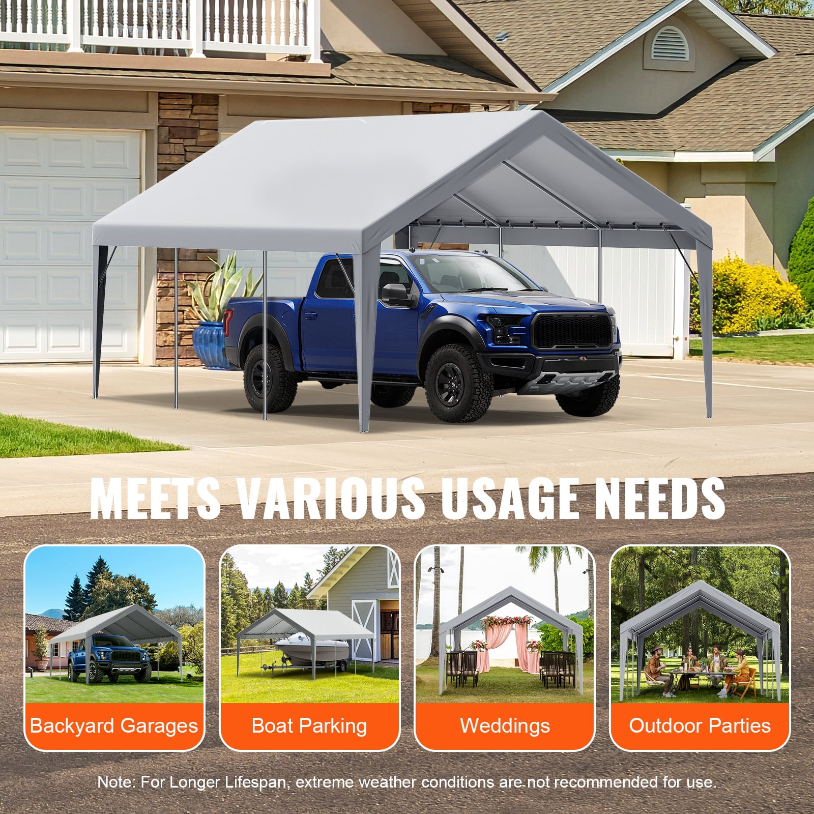 KFFKFF 13 x 20 Feet Carport Replacement Canopy Car Parking Tent Cover Gray