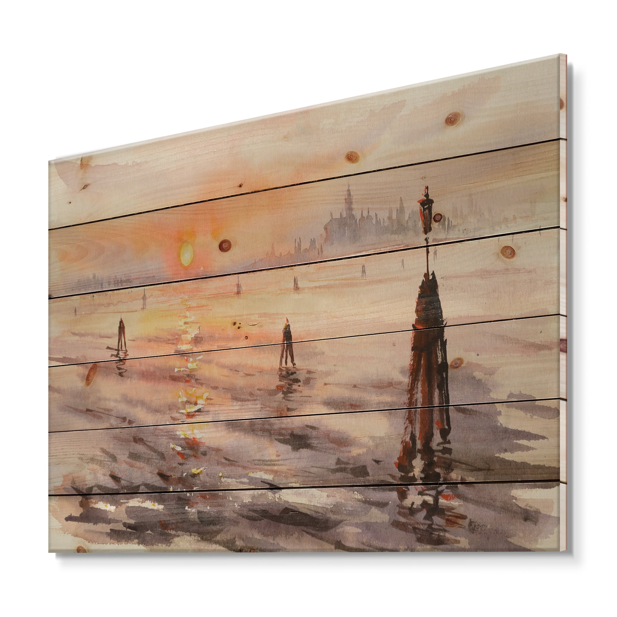 Designart 'Panorama of Venice Laguna Beach At Sunset' Nautical & Coastal Print on Natural Pine Wood