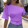 thumbnail image 2 of Rggeeun Women Tee Shirts Solid Color One Shoulder Short Sleeve Shirred Slim Fit Lightweight for Summer Outdoor Picnics Leisure Tees,Purple,L, 2 of 5