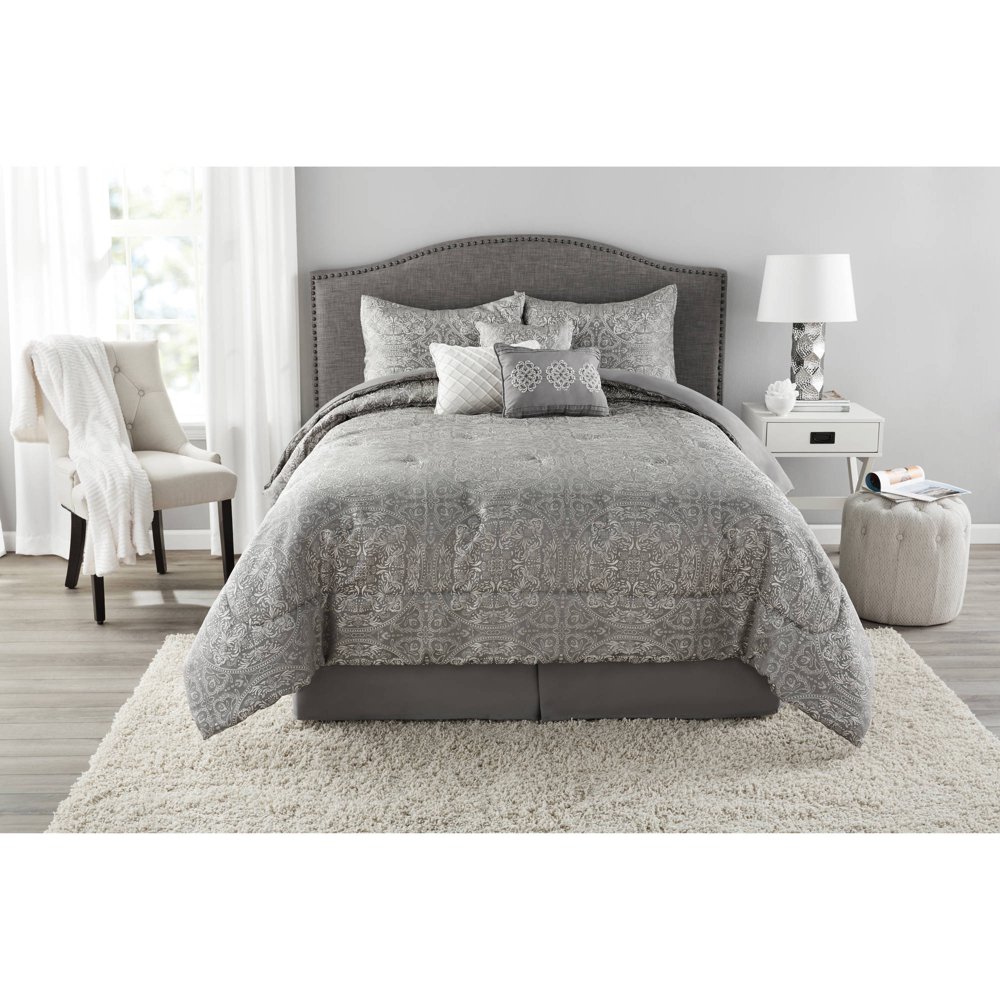 Mainstays Full Medallion Gray Comforter Set, 7 Piece