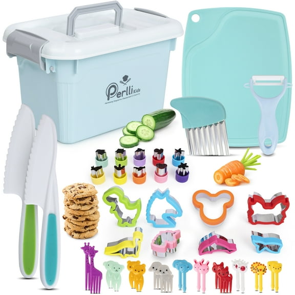 PERLLI Kids Montessori Baking and Cooking Kitchen Playset for Toddlers, 44-Piece, Blue