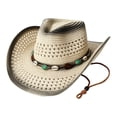 thumbnail image 4 of Woven Straw Western Cowboy Hat with Beaded Band, Unisex Wide Brim Sun Hat, Adjustable Chin Strap Summer Beach Headwear, 4 of 4