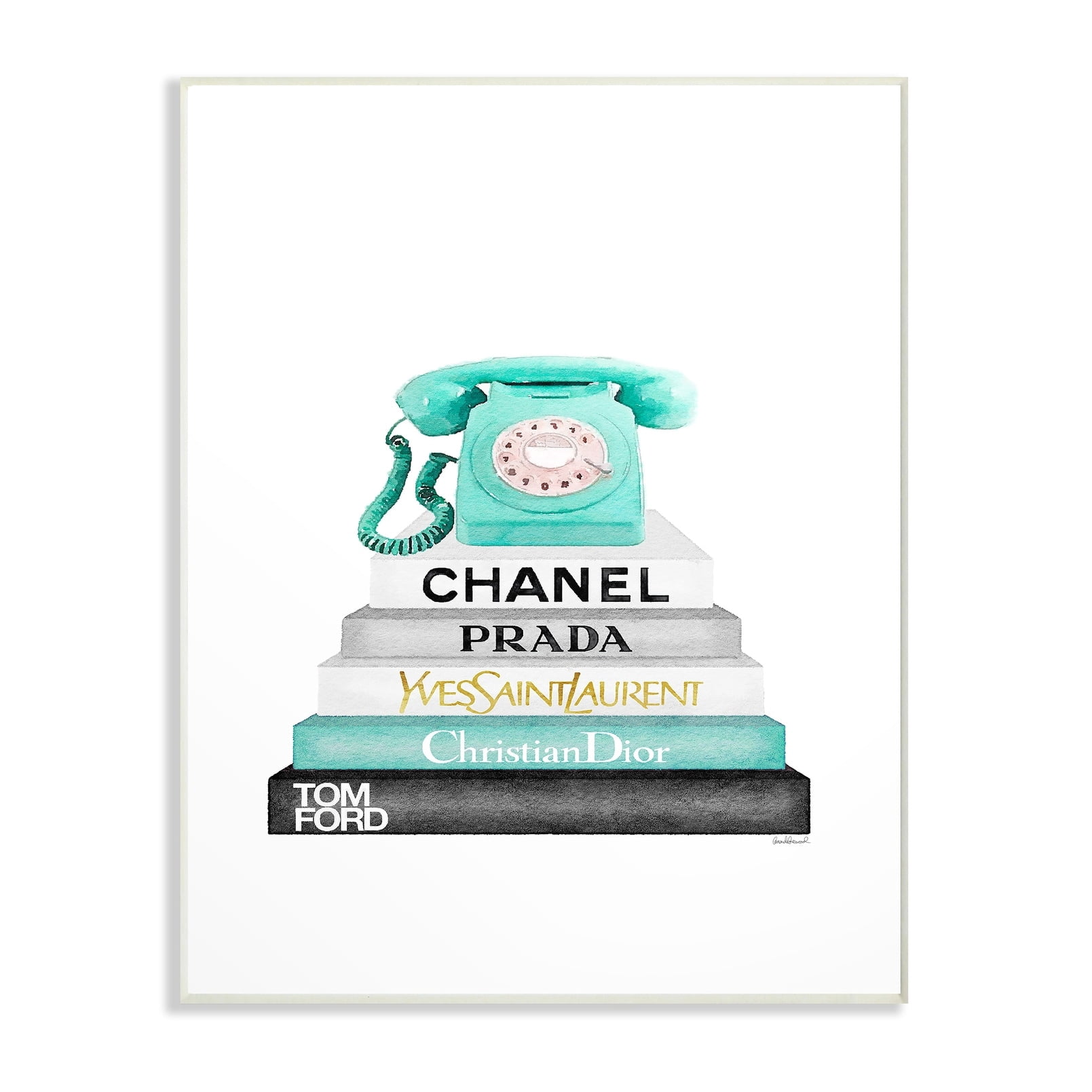 The Stupell Home Decor Grey Teal and Black Fashion Bookstack with Teal Phone Wall Plaque Art