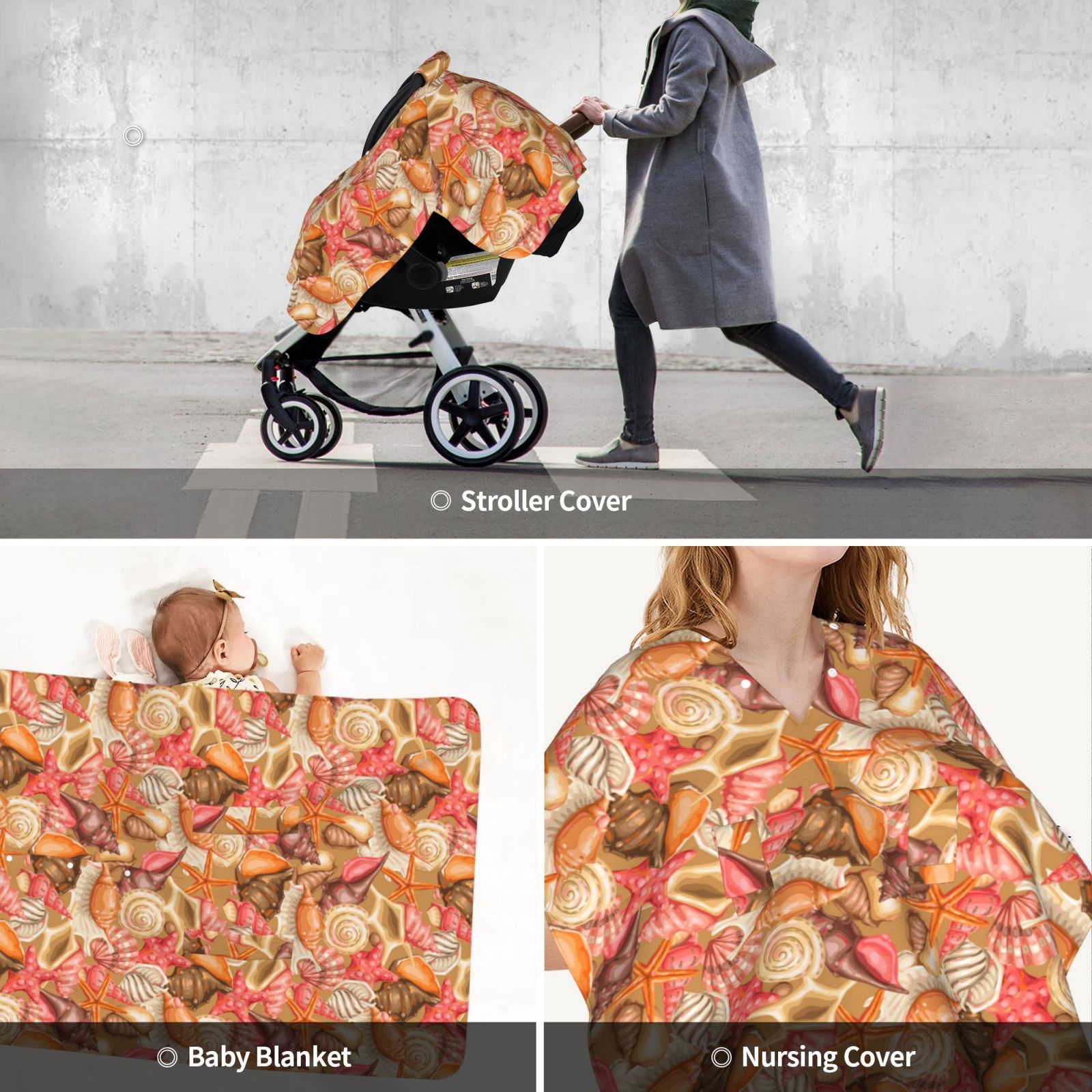 Car Seat Cover Baby - Conch Shells Print No.9036 Breathable Infant Car Seat Cover for Baby Carseat, Lightweight Comfort Baby Essentials Must Haves Newborn Stuff for Girl Boy