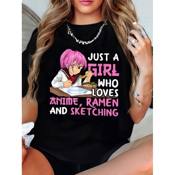 Anime & Letter Print Crew Neck T-Shirt, Casual Short Sleeve Top For Spring & Summer, Women's Clothing