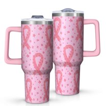 Pink Breast Cancer Ribbon Floral Pattern Tumbler with Handle and Lid,40oz Double Wall Vacuum Insulated Tumbler,Cups Gift for Women and Men