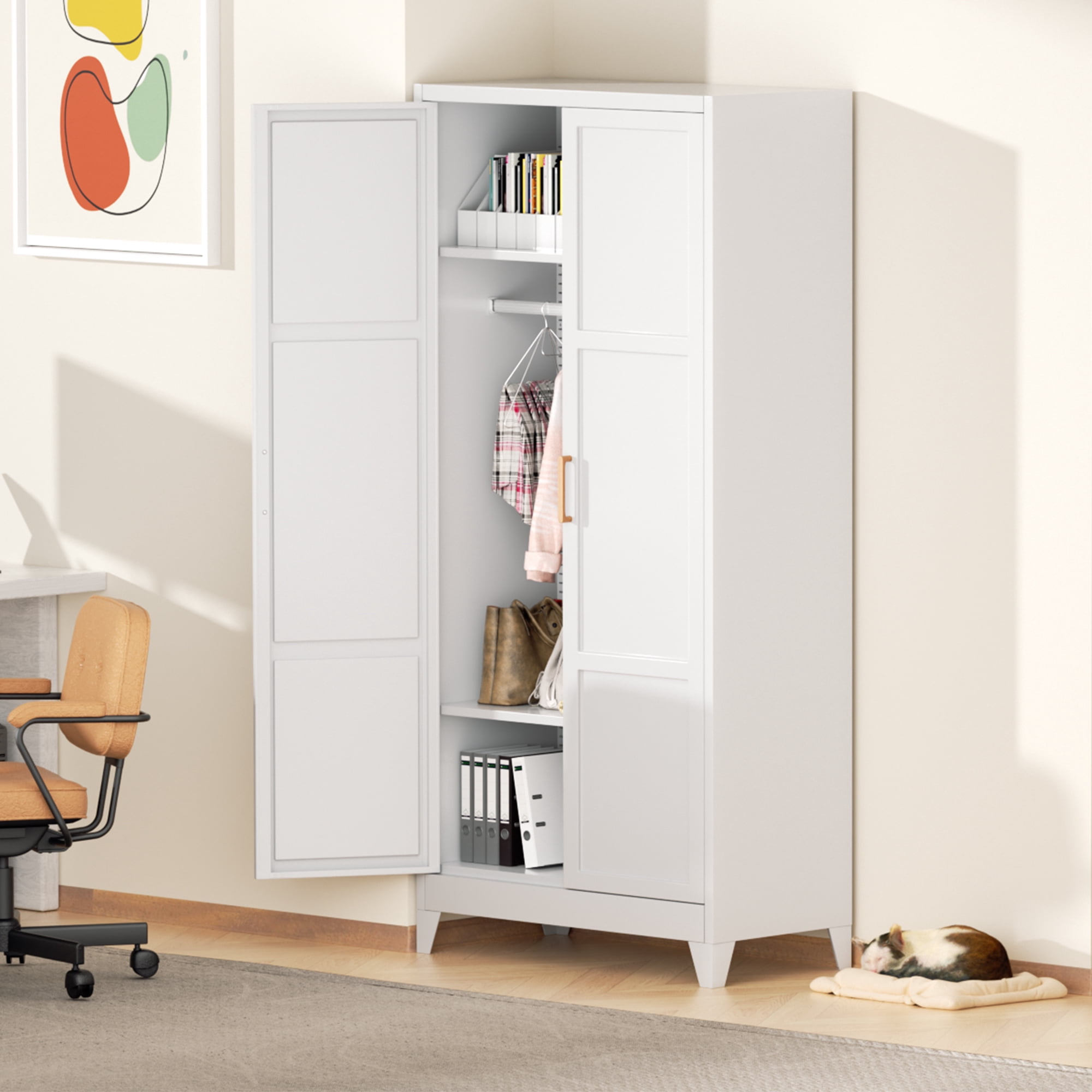 SUNCROWN Metal Wardrobe Cabinet with Wooden Handle, 72" Metal Wardrobe Closet with Hanging Rods and Adjustable Shelves, Steel Storage Locker Closet for Home, Office, Employee, Gym (White)