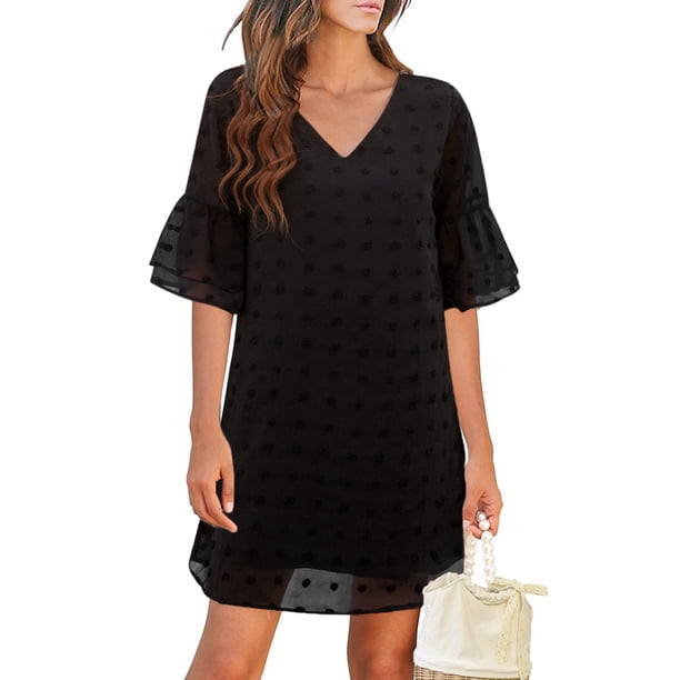 TRKIYQC, vestido de manga corta con volantes para mujer doble capa Color sólido cuello en V informal verano línea A vestido de gasa para fiesta TRKIYQC moderno