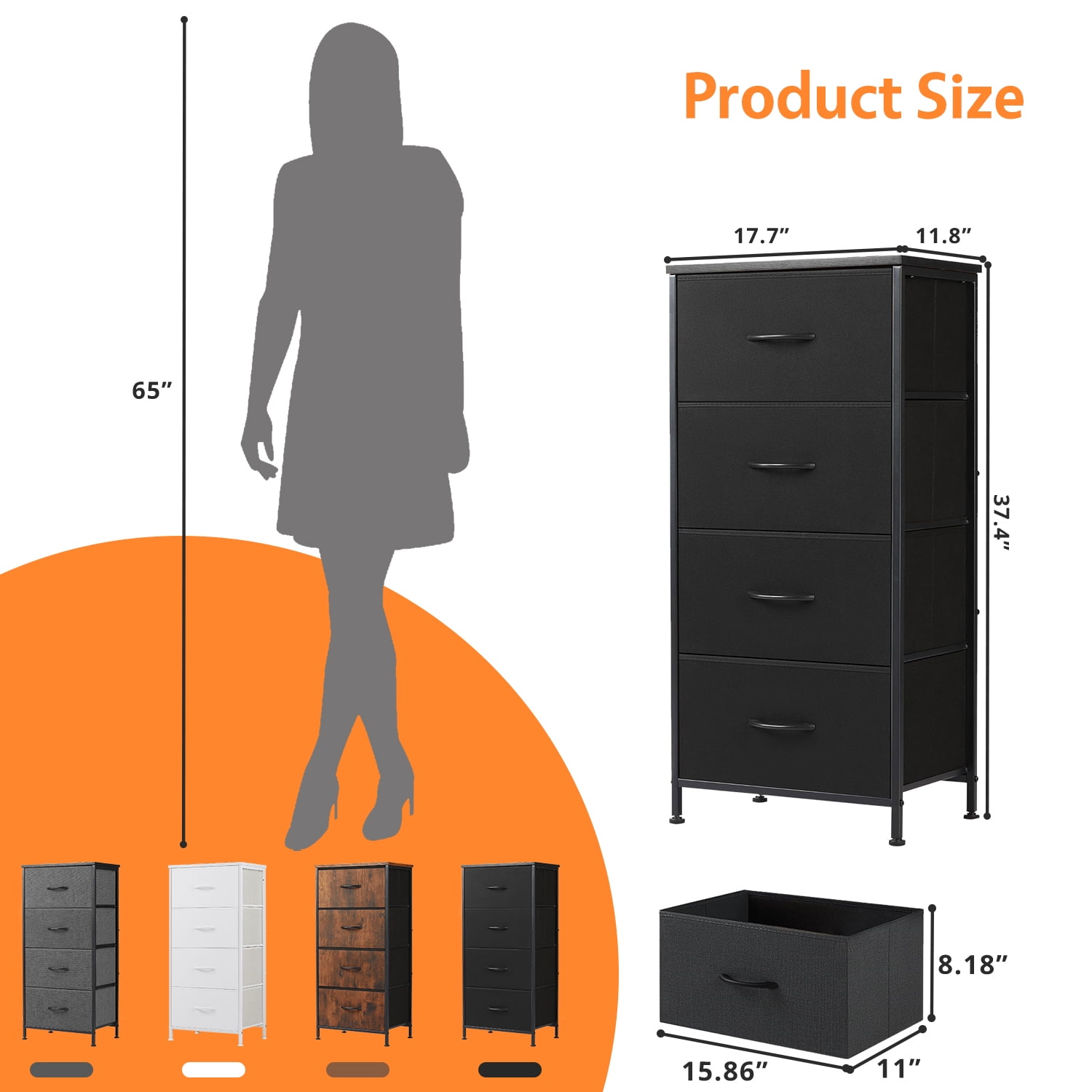 Modern 4 Drawer Fabric Dresser, Chest of Drawer Organizer Storage Cabinet for Bedroom Clothes Closet, Entryway,Black