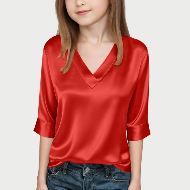 Girls' Solid Color V-Neck Casual Top with Three-Quarter Sleeves for Special Occasions