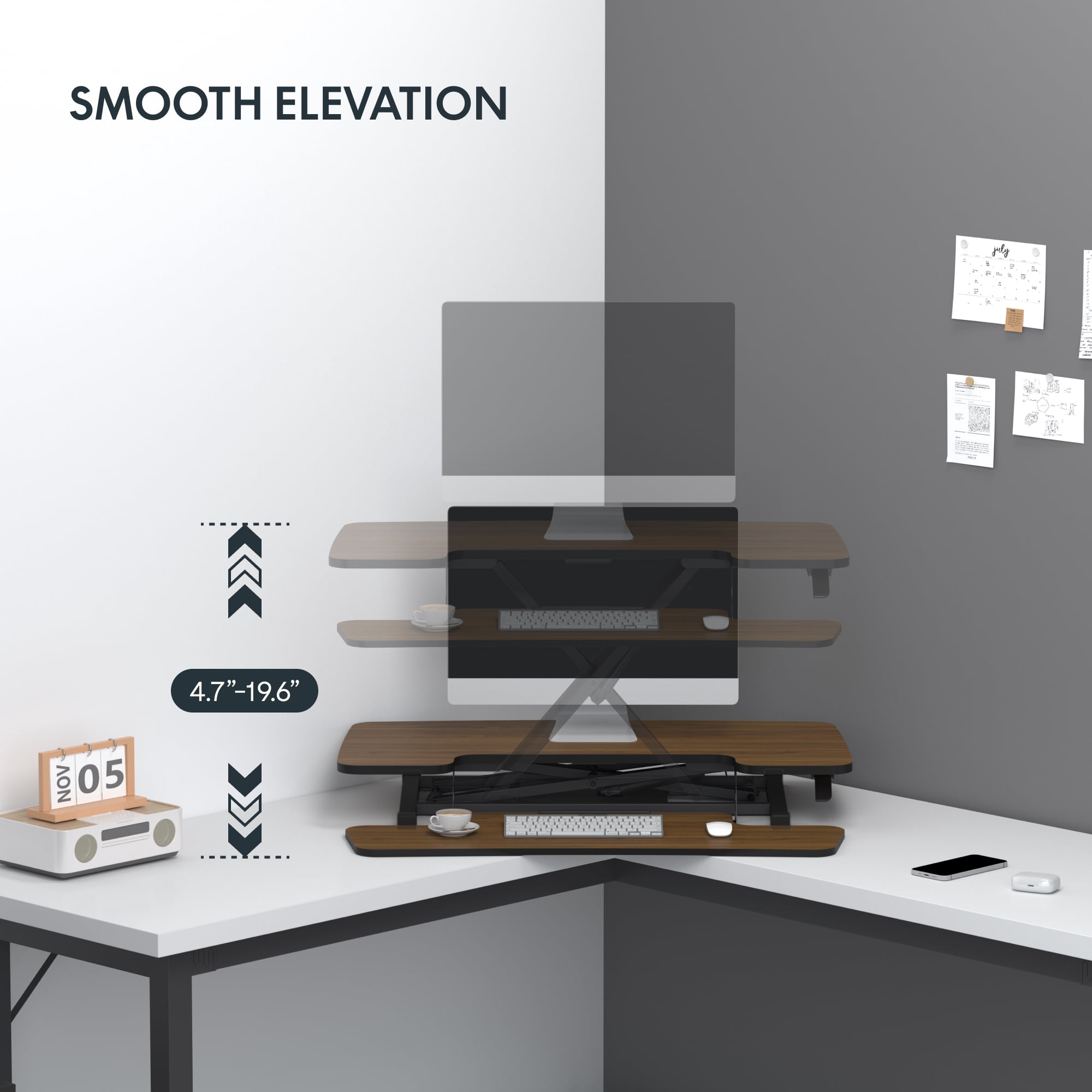 FitStand Home Office Height Adjustable Standing Desk Converter Walnut 35" U-Shape with Keyboard Tray