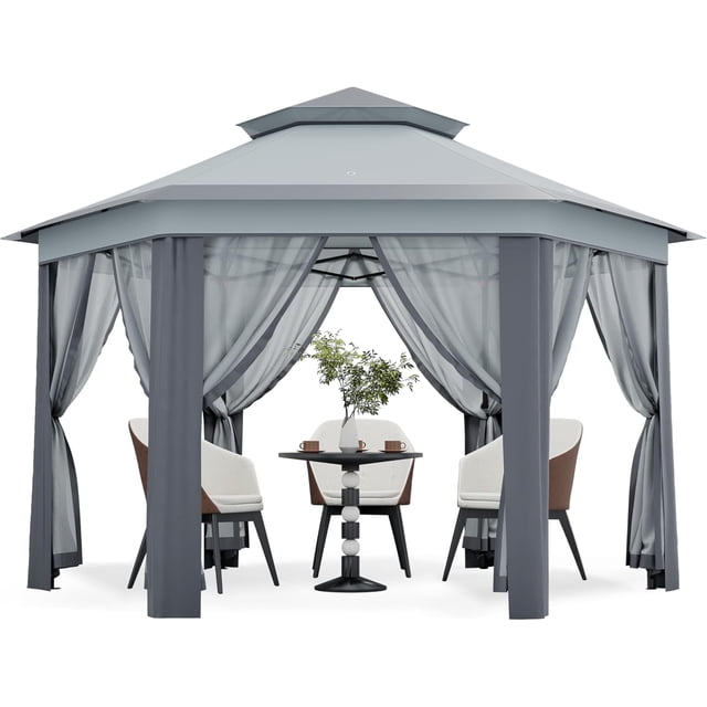 Gazebo Escamotable 13 X 13 Pi, Tente Extérieure Instantanée à un Clic avec Moustiquaire, 3 Hauteurs Réglables, Cadre Robuste, Sac à Roulettes
